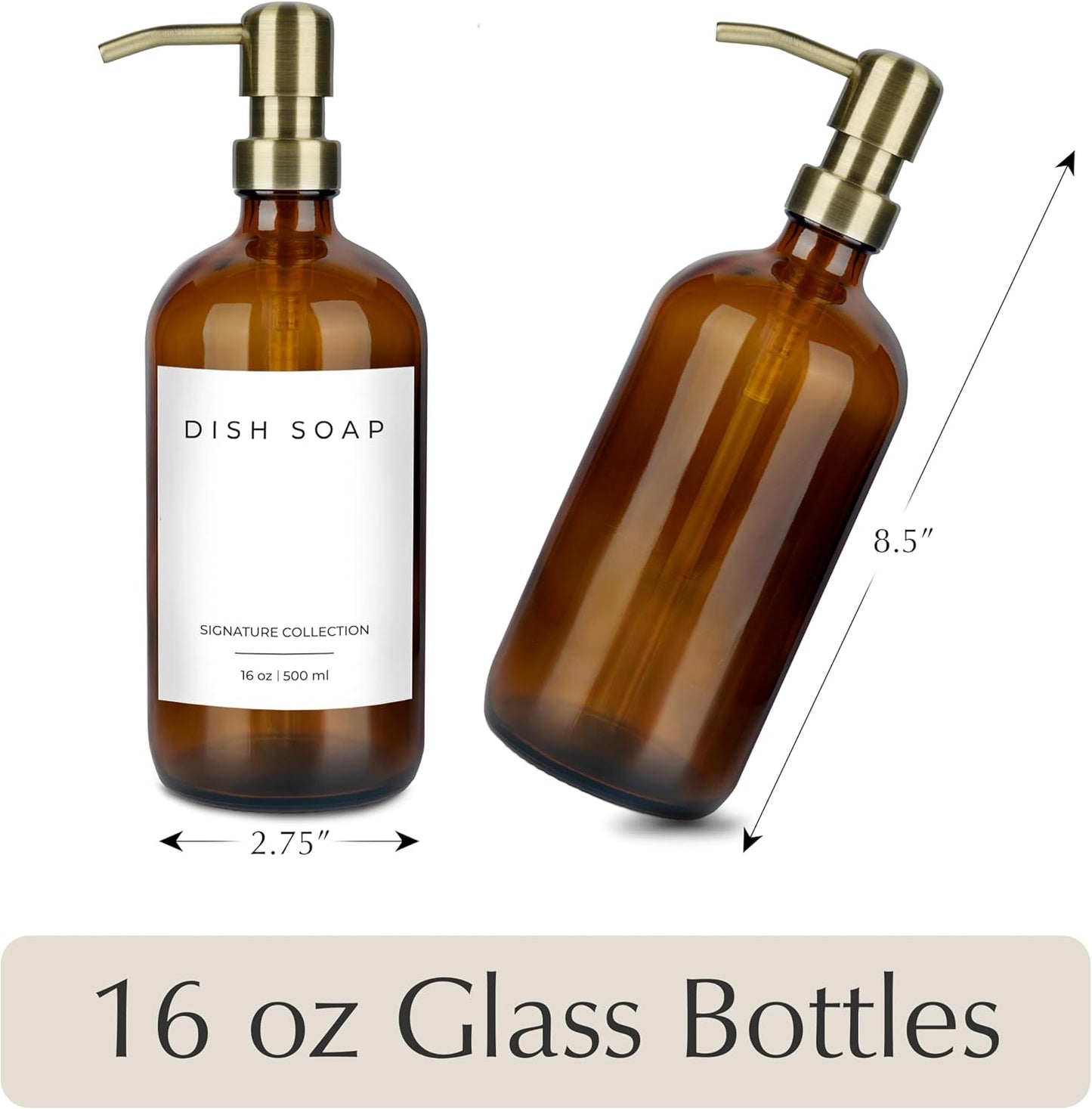 Emerson Essentials Soap Dispenser, Dish Soap for Kitchen, Bathroom Set, Hand and Dish Set, Kitchen Soap Dispenser Set, Bottles with Pump and Labels, 16 Oz, 2 Pack