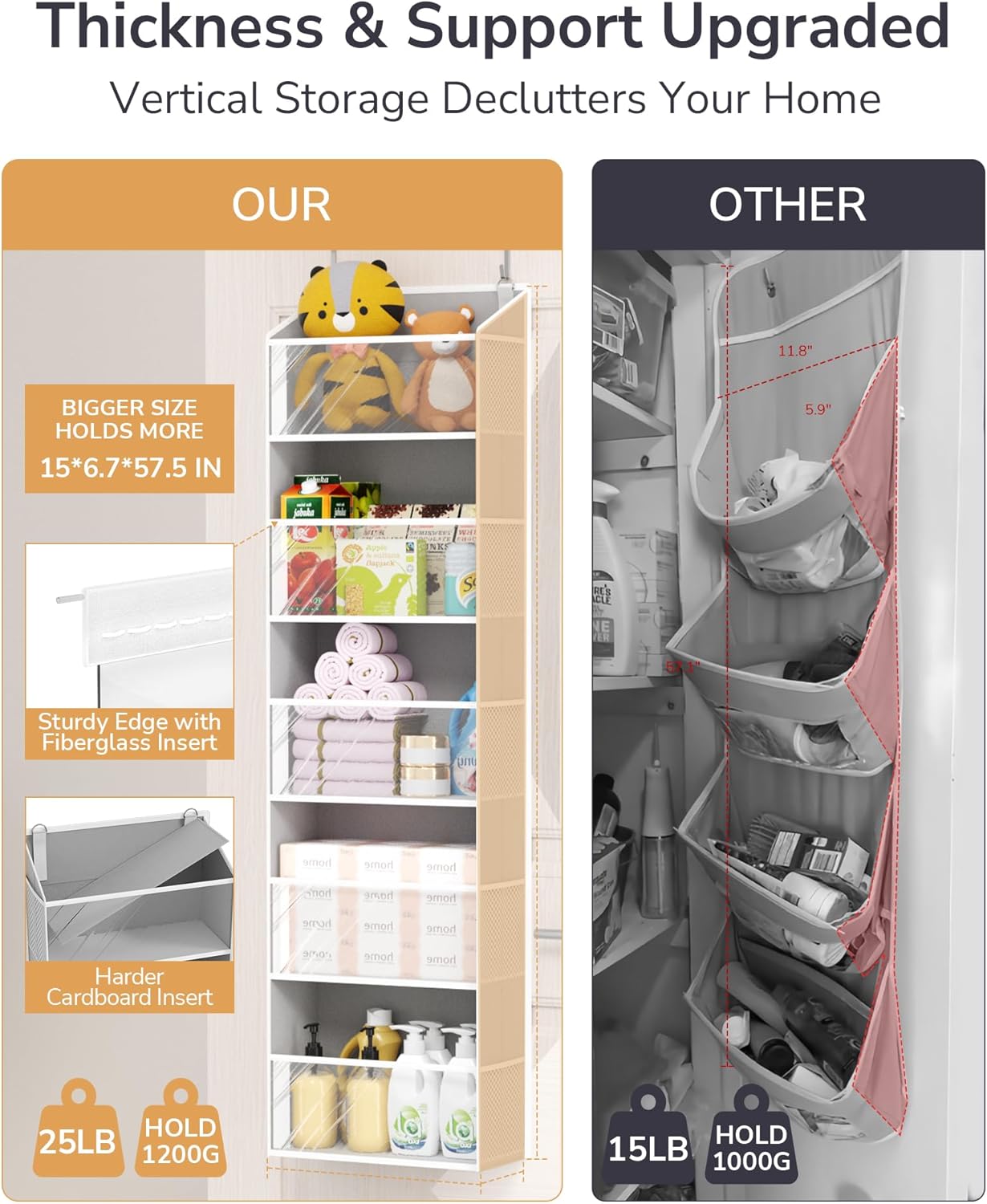 ULG 1-Pack Over Door Organizer with 5 Large Pockets 10 Mesh Side Pockets, 44 lbs Weight Capacity Hanging Storage Organizer with Clear Window for Bedroom Bathroom Kitchen, RV, Camper, Clear Grey