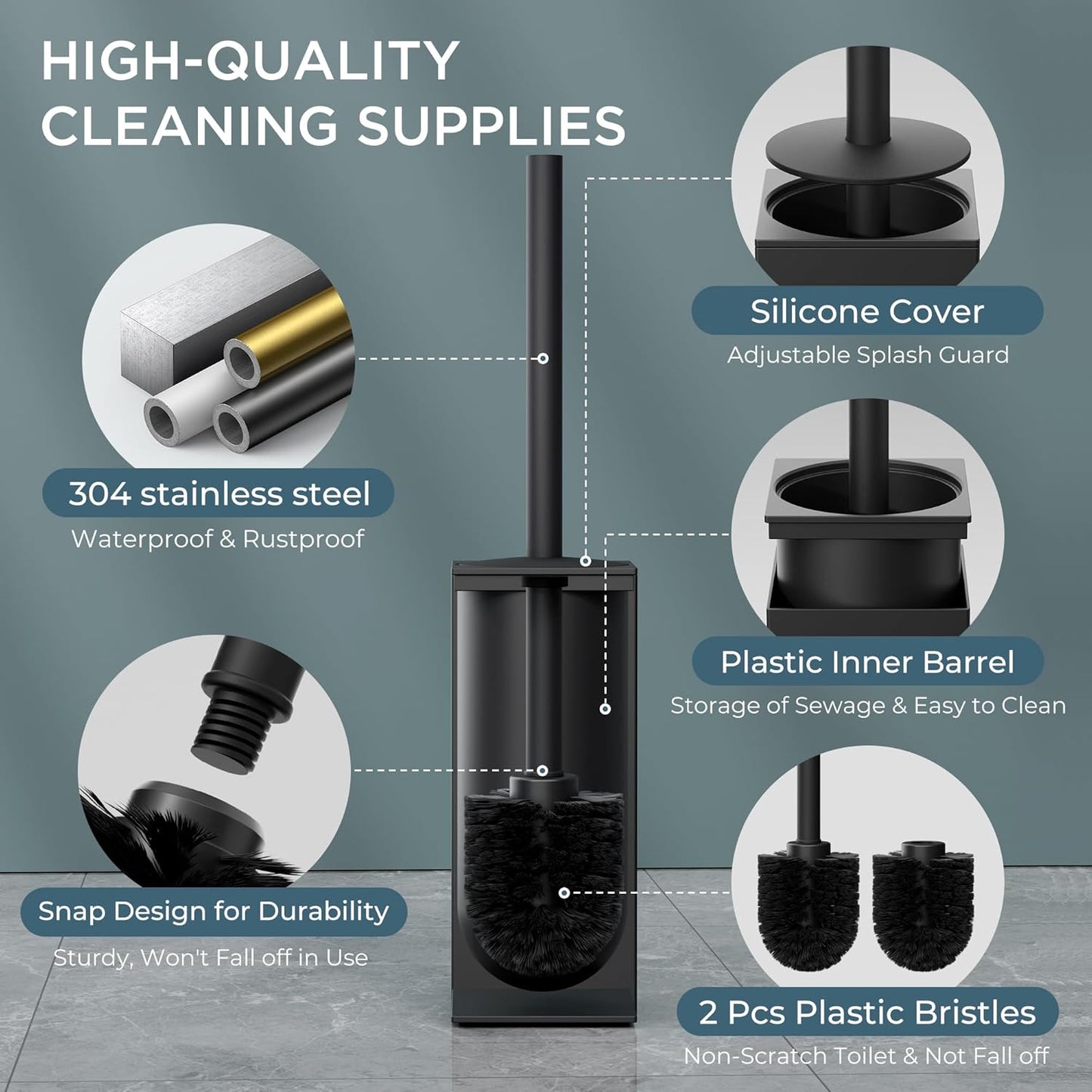 FORIOUS Toilet Brush and Holder Set, Heavy Duty 304 Stainless Steel Base Square and Long Handle for Bathroom Deep Cleaning, Drip-Proof, Space Saving for Storage, 2 Toilet Bowl Brush Head, Black