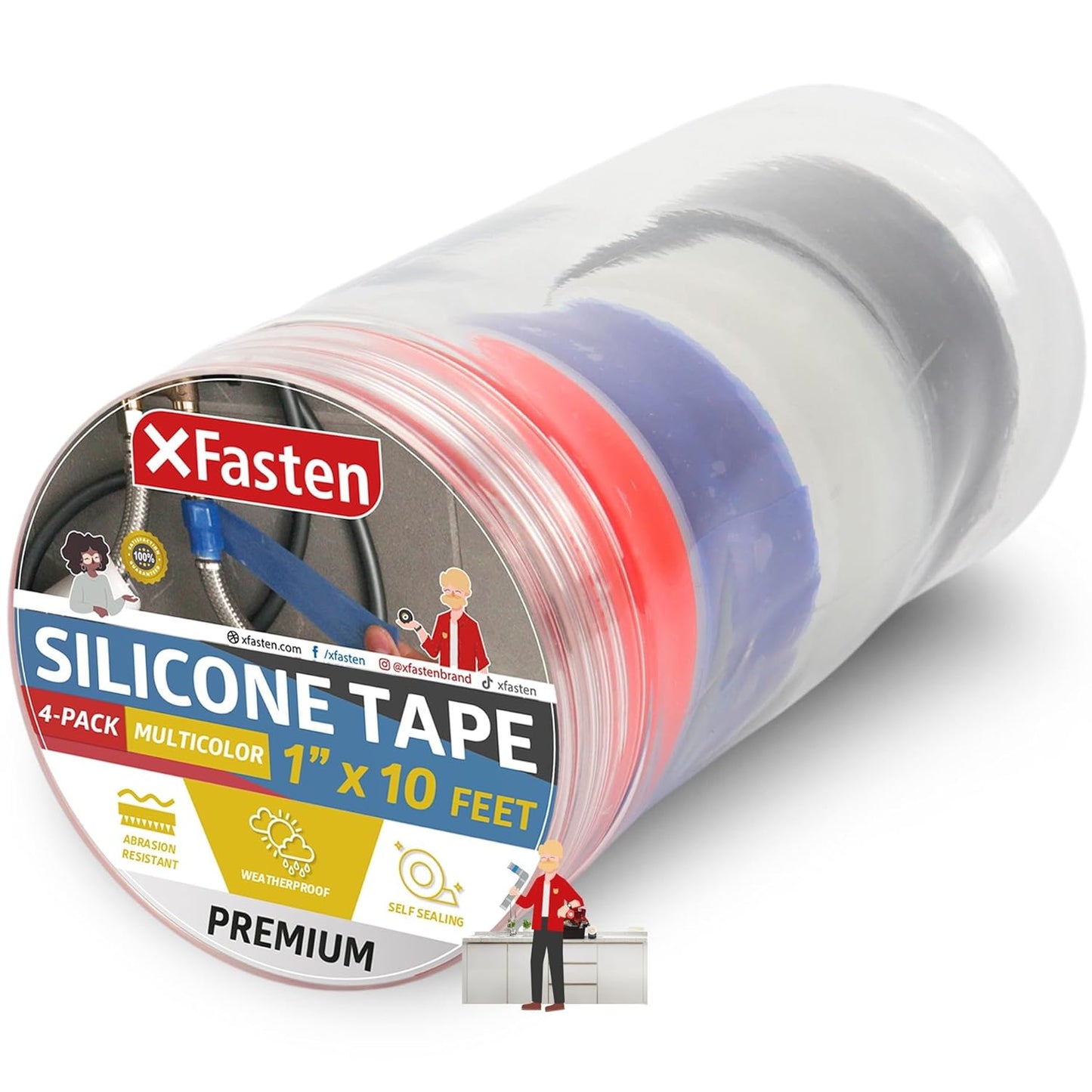 XFasten Self Fusing Silicone Tape Waterproof Multicolor – 1" x 10 Feet 4-Pack, Self Amalgamating Tape, Silicone Rubber for Plumbing, Sealing Pipes, Hose Repair, Outdoor Coax and Electrical Cables