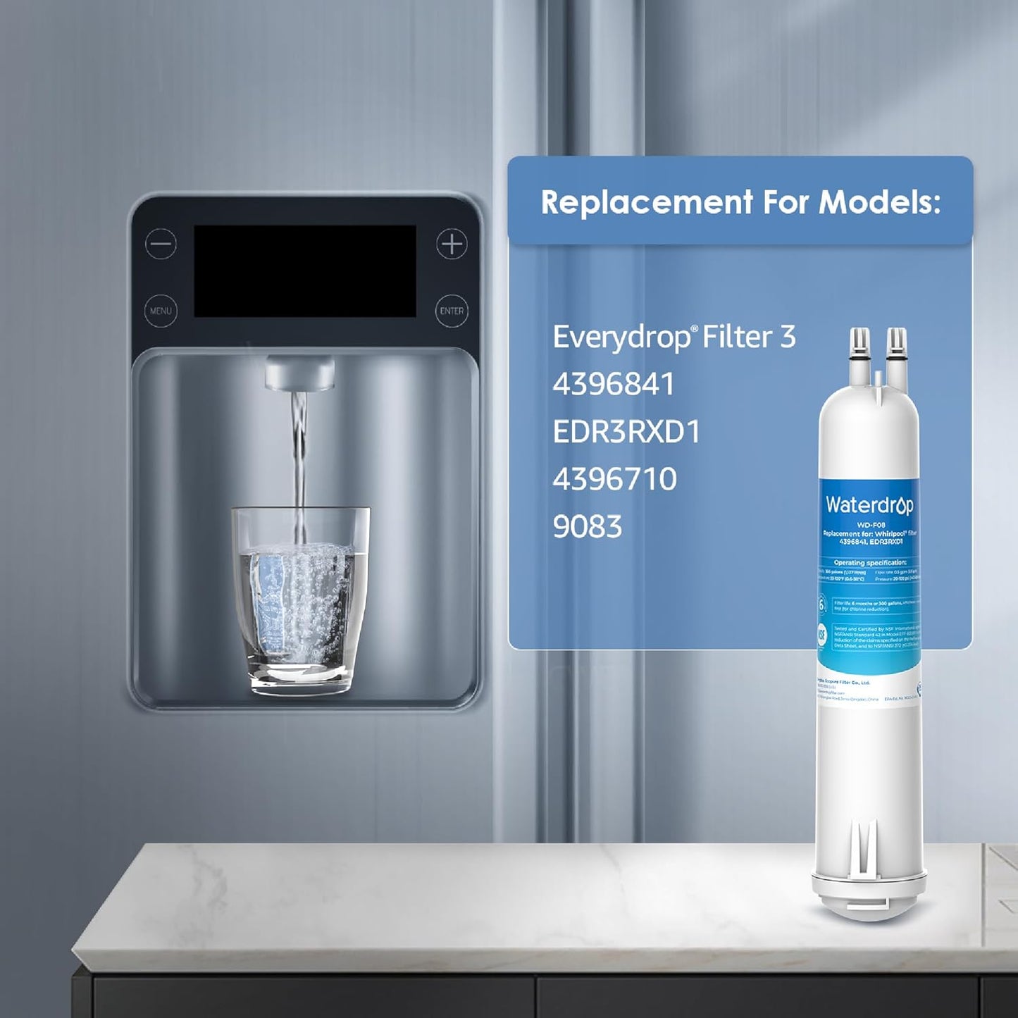 Waterdrop WD-F08 Replacement for 4396841, Everydrop® Filter 3, EDR3RXD1, 4396710, Kenmore® 46-9083, 46-9030, Refrigerator Water Filter, 2 Filters