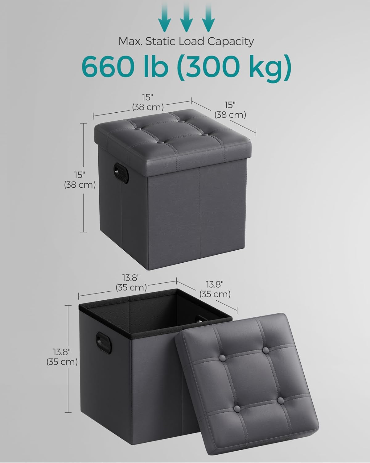SONGMICS Mazie Collection - 15 Inches Ottoman with Storage, Footstool, Storage Ottoman with Metal Grommet Handles, Load 660 lb, for Dorm, Living Room, Bedroom, Synthetic Leather, Dark Gray ULSF030G01
