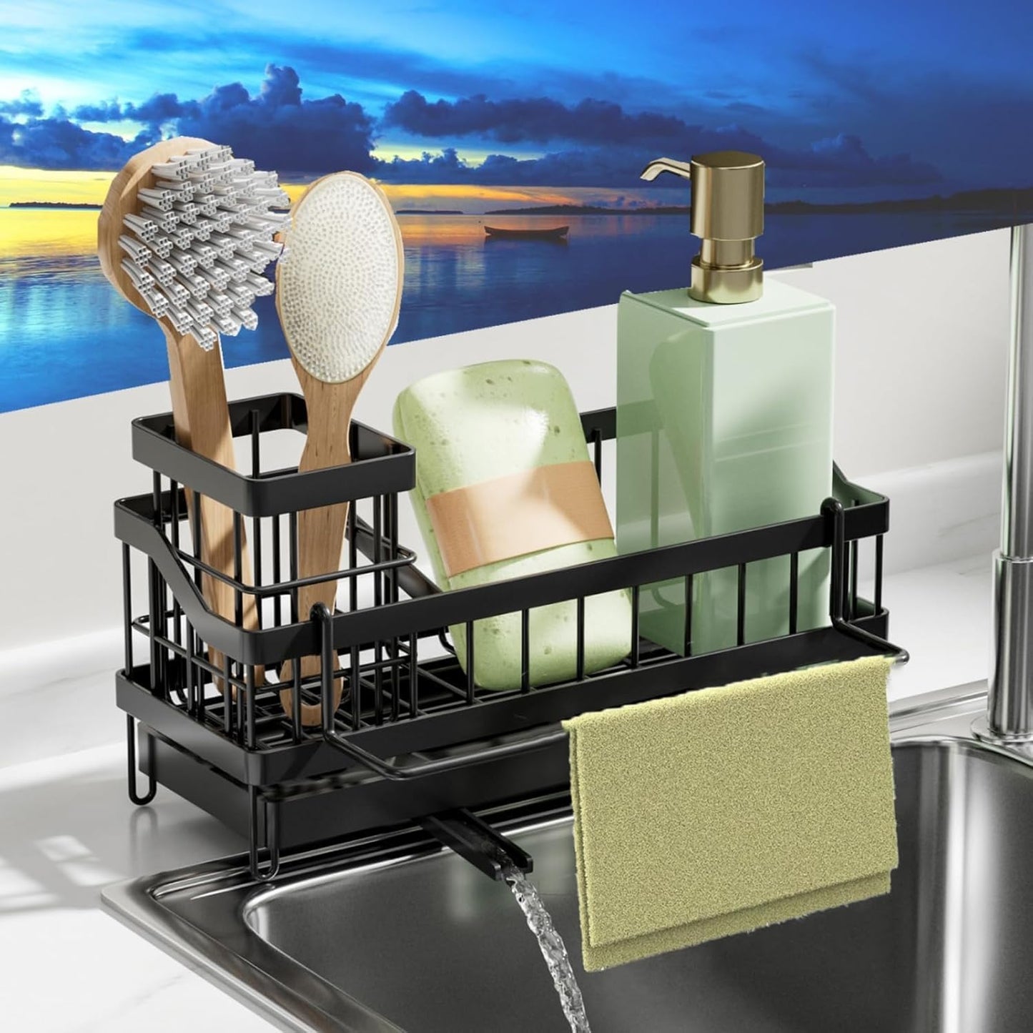 Sink Caddy kitchen Organzier with High Brush Holder, Wall-Mounted Sponge Holder for Sink, Countertop Organizer Soap Dispenser Storage, Rustproof 304 Stainless Steel Kitchen Essentials