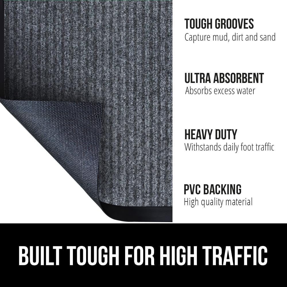 GORILLA GRIP Traffic Guard Door Mat, 60x36, Heavy Duty Welcome Mats, Commercial Office Space Doormat, Waterproof, Fade Resistant, Strong Rubber Backing, Low Profile, Shoe and Boot Scraper, Gray