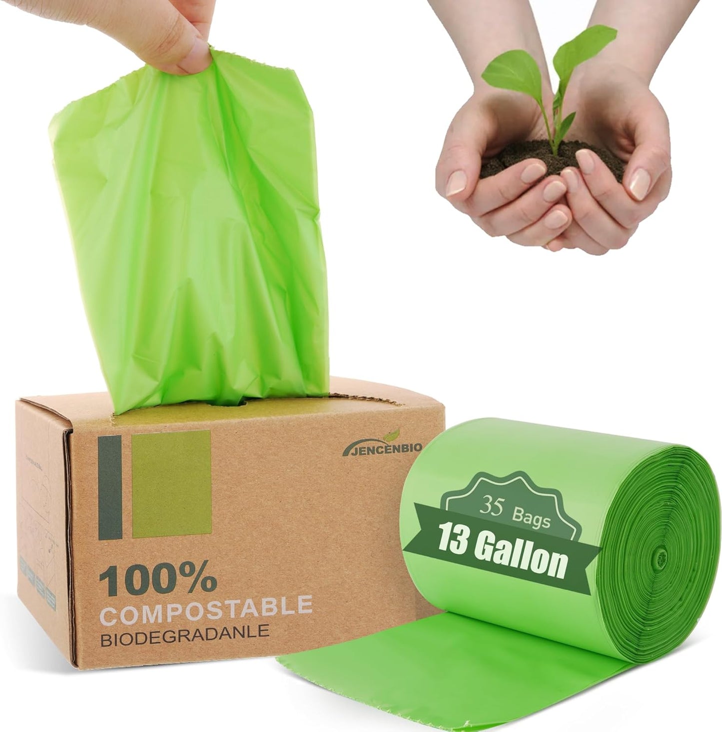 Compost Bags, 13 Gallon, 50Liter, Extra Thick 1.1 Mils, Compostable Food scrap waste bags with US BPI ASTM D6400 and Europe OK Compost Home Certified