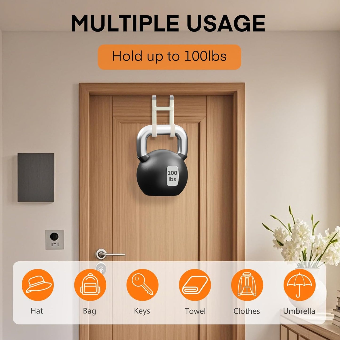 FYY Over The Door Hooks - 2 Pack Heavy Duty Dual-Hook Organizer Hanger with Non-Slip Rubber for Towels, Clothes, Hats & Bags Use in Bathroom, Bedroom, Kitchen - Fits Interior Doors Up to 1 3/8" Beige