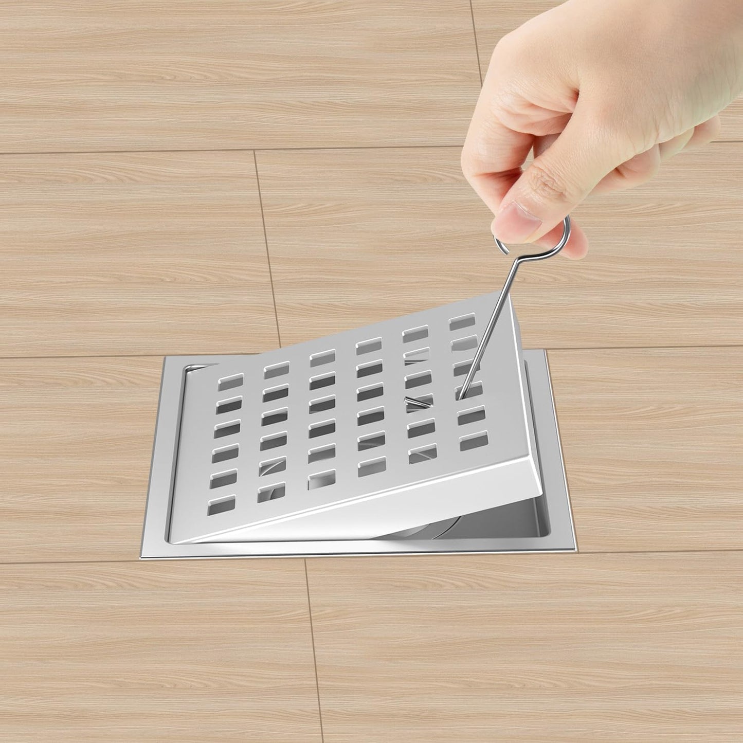 6 Inch Square Shower Drain Chrome, Bathroom Floor Drain, Stainless Steel Drain Kit with Flange, Removable Grid Cover, Hair Strainer