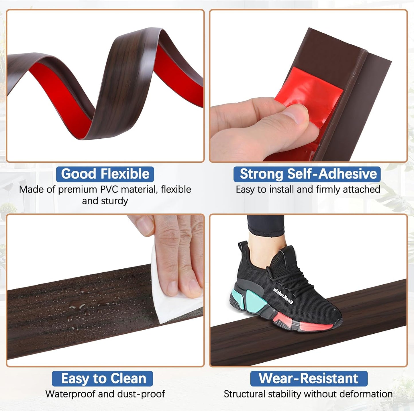 Vinyl Door Threshold Flooring Transition Strip Self Adhesive Carpet Edging Strip for Laminate Doorway Edge Threshold from 1/5" to 2/5" (Brown Wood Grain, 6.6 Ft)