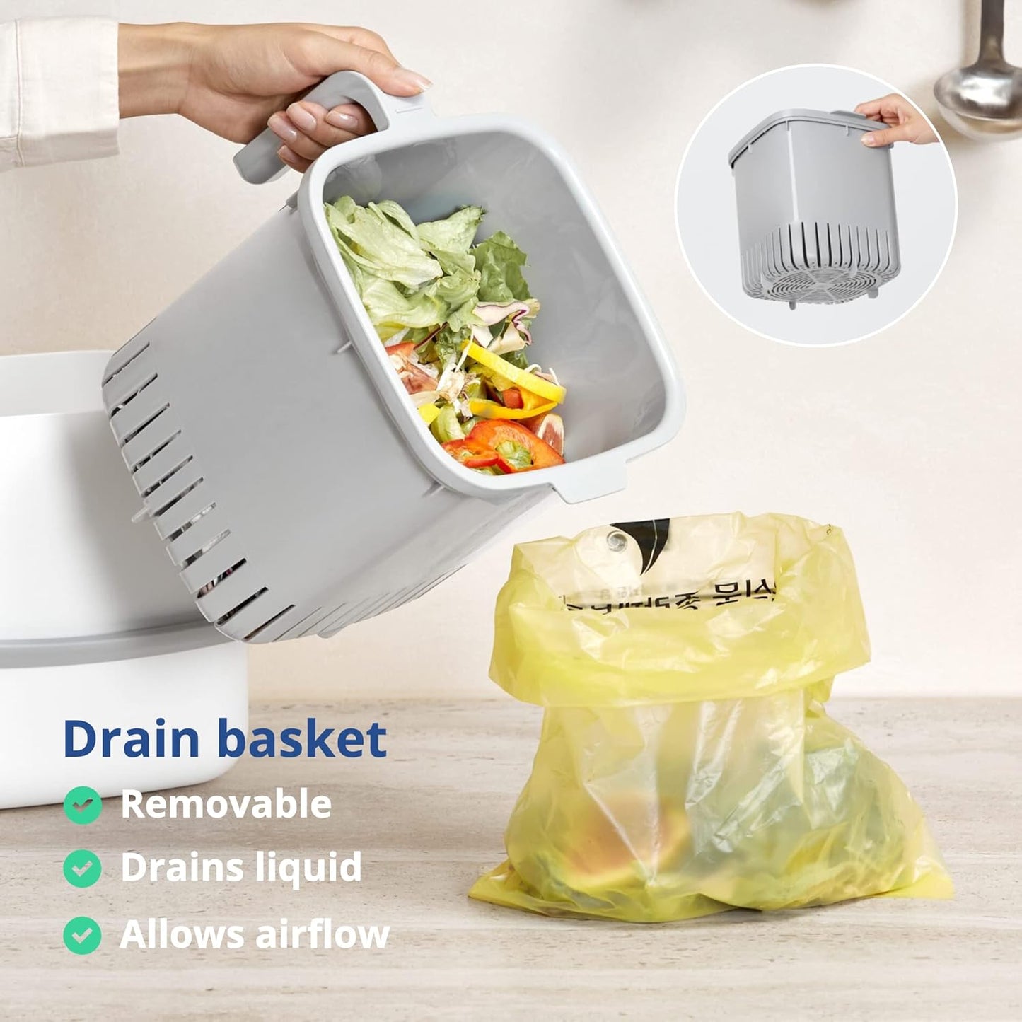 BLUE GINKGO Kitchen Compost Bin [5L / 1.32 GAL] – Filter-Free, Odor-Tight Countertop Food Waste Pail with Handles (Made in Korea, Pink)