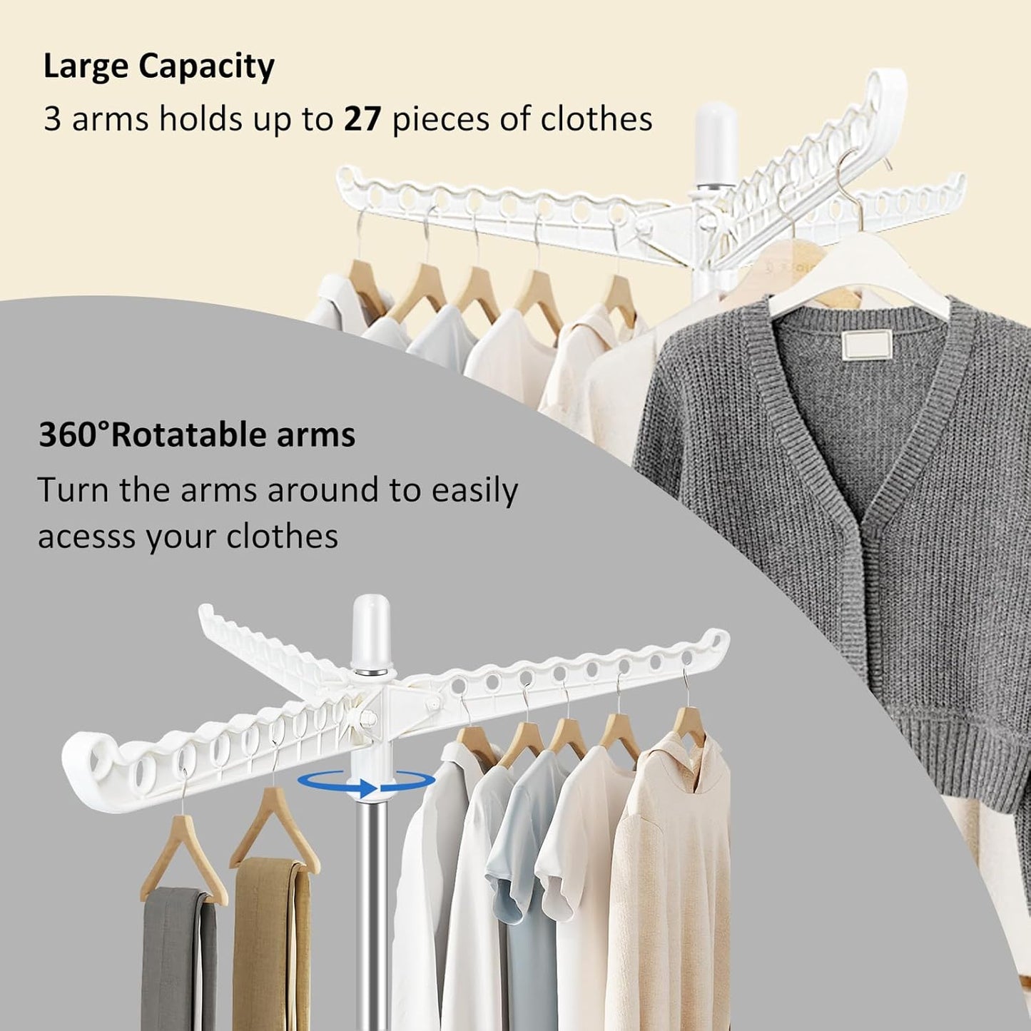 SUYU Clothes Drying Rack, Foldable Drying Rack Clothing, Laundry Drying Rack, 59-Inch Indoor Clothes Airer with 3 Rotatable Arms, Stainless Steel,4 Legs,White and Silver SNJ101