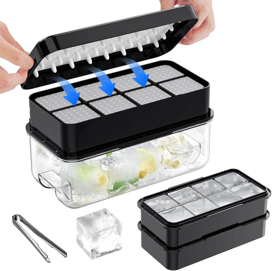 PHINOX Large Ice Cube Tray with Lid and Bin, Ice Trays for Freezer, 2 INCH Whiskey Ice Cubes Mold, 2*8 pcs Square Ice Cube Mold with Tong, Easy to Release, Large Ice Tray for Whiskey Cocktail Bourbon
