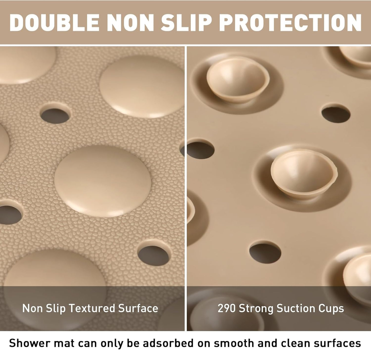 Shower Mat Non Slip: 35.4 x 23.6 Inch Extra Large TPE Shower Mats for Inside Shower - Anti Slip Shower Stall Matt with Drain Hole and Suction Cups for Elderly