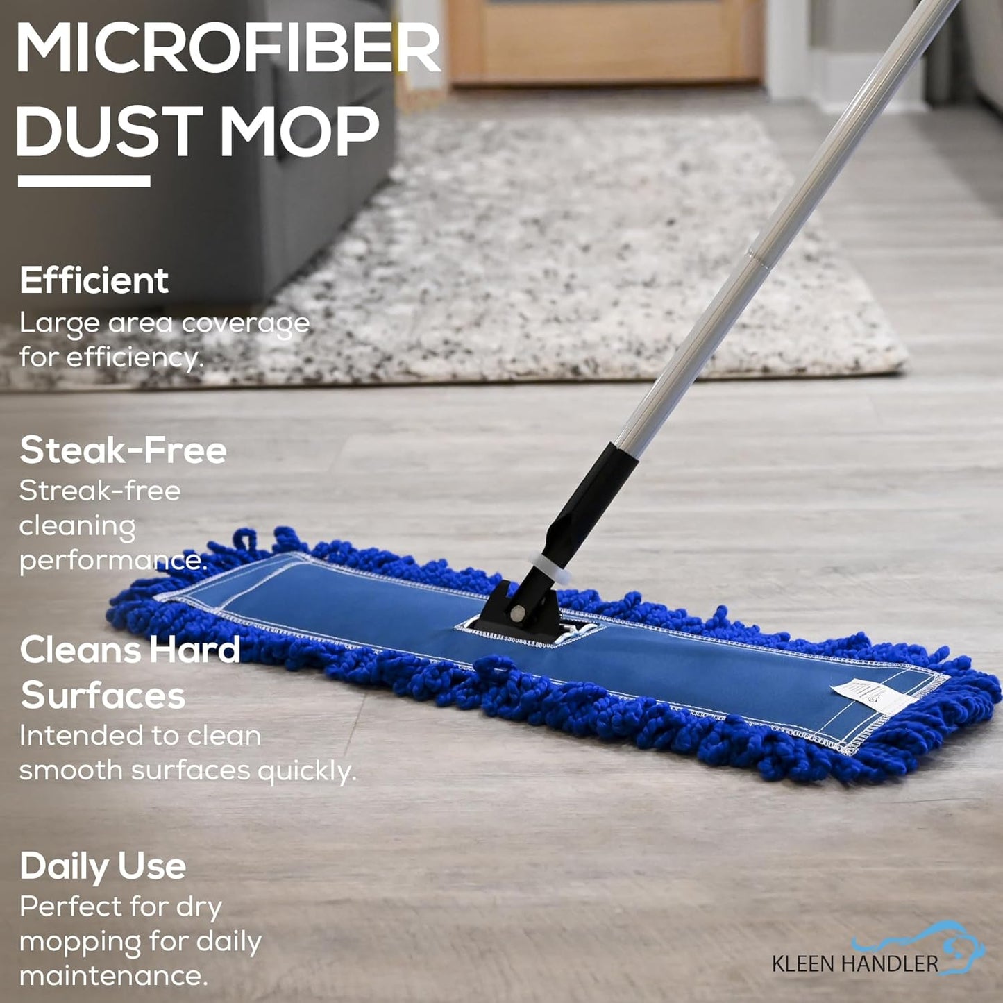 KLEEN HANDLER 24 Inch Microfiber Dust Mop, Medium Washable Commercial, Sweeper, Janitorial Head Replacement, Push Mop Broom, Blue