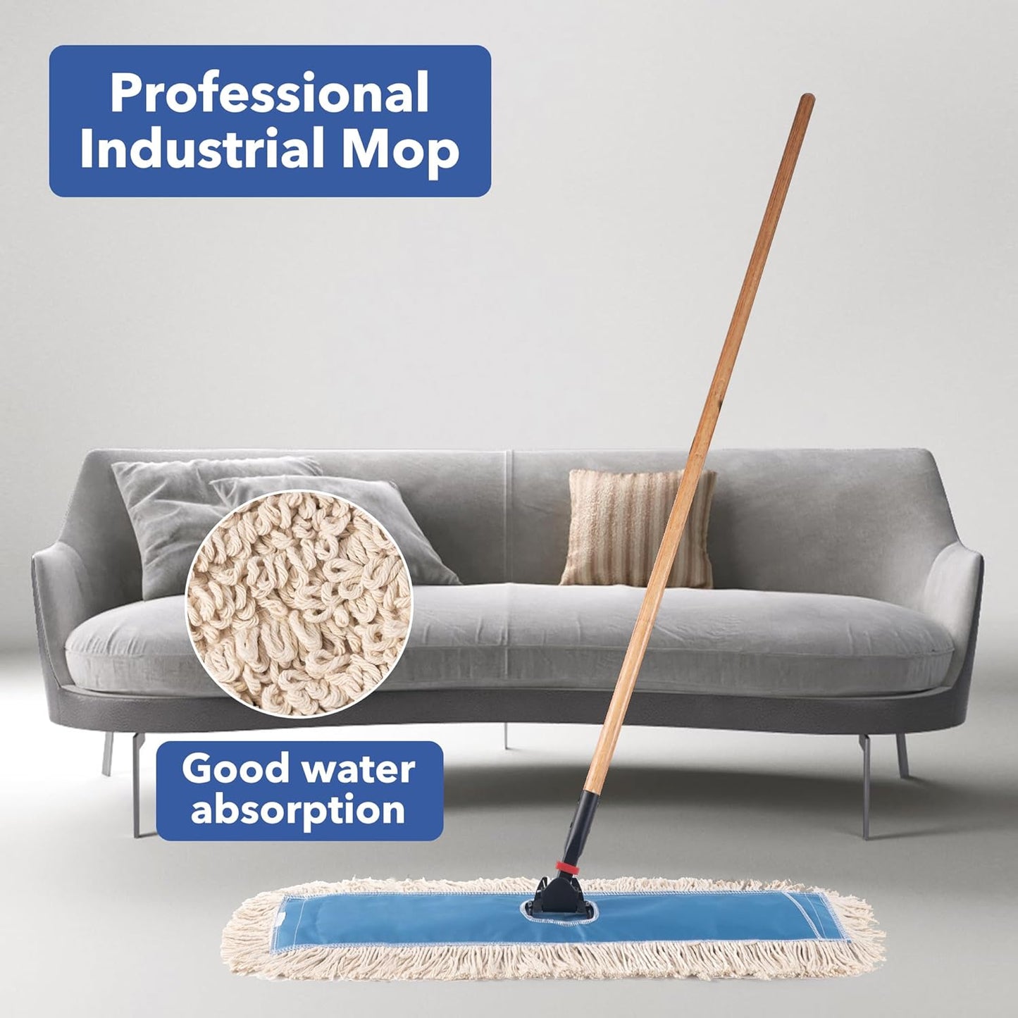 Matthew Cleaning 36'' Industrial Strength Cotton Dust Mop Refill Washable Replacement Heads for Residential & Commercial Use Fit Standard Dust Mop Frames, Hardwood, Concrete Floors Blue&White 3 Pack