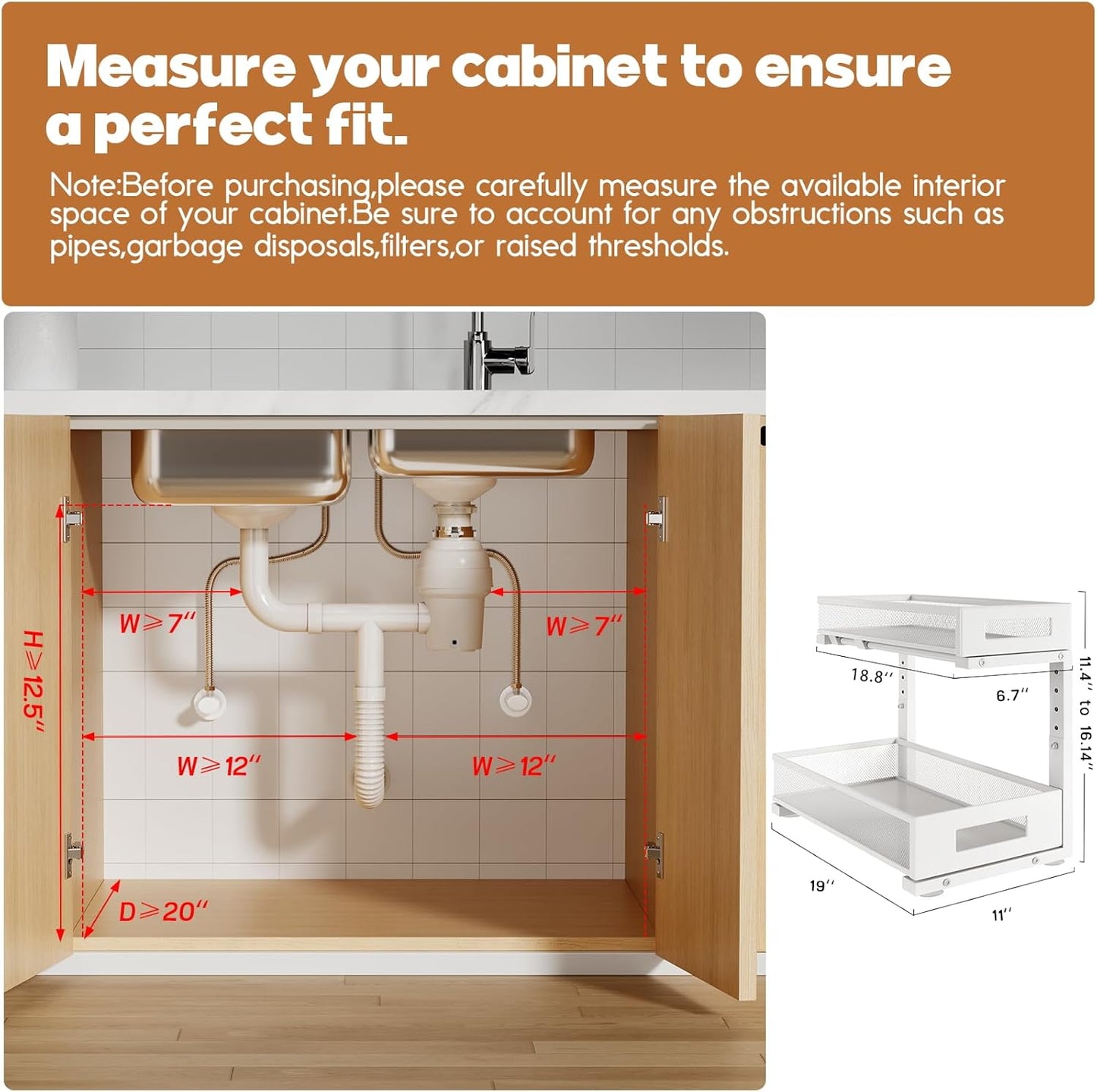2 Pack 19IN Depth Under Sink Storage Organizer, Large 2-Tier Elegant Mesh Pull Out Shelf for Kitchen and Bathroom Cabinet Organization, L-Shaped and Adjustable Height Design-White