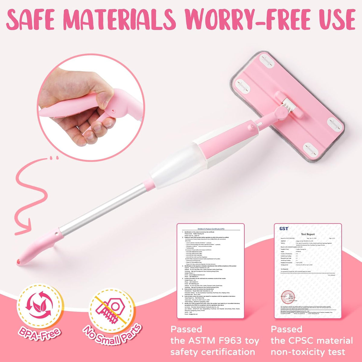 Pink Mini Spray Mop for Toddler-Girls Montessori Cleaning Toy That Real Spray Water,Pretend Playhouse Essentials for Girls Ages 3-8,Toddler Educational Housekeeping Set