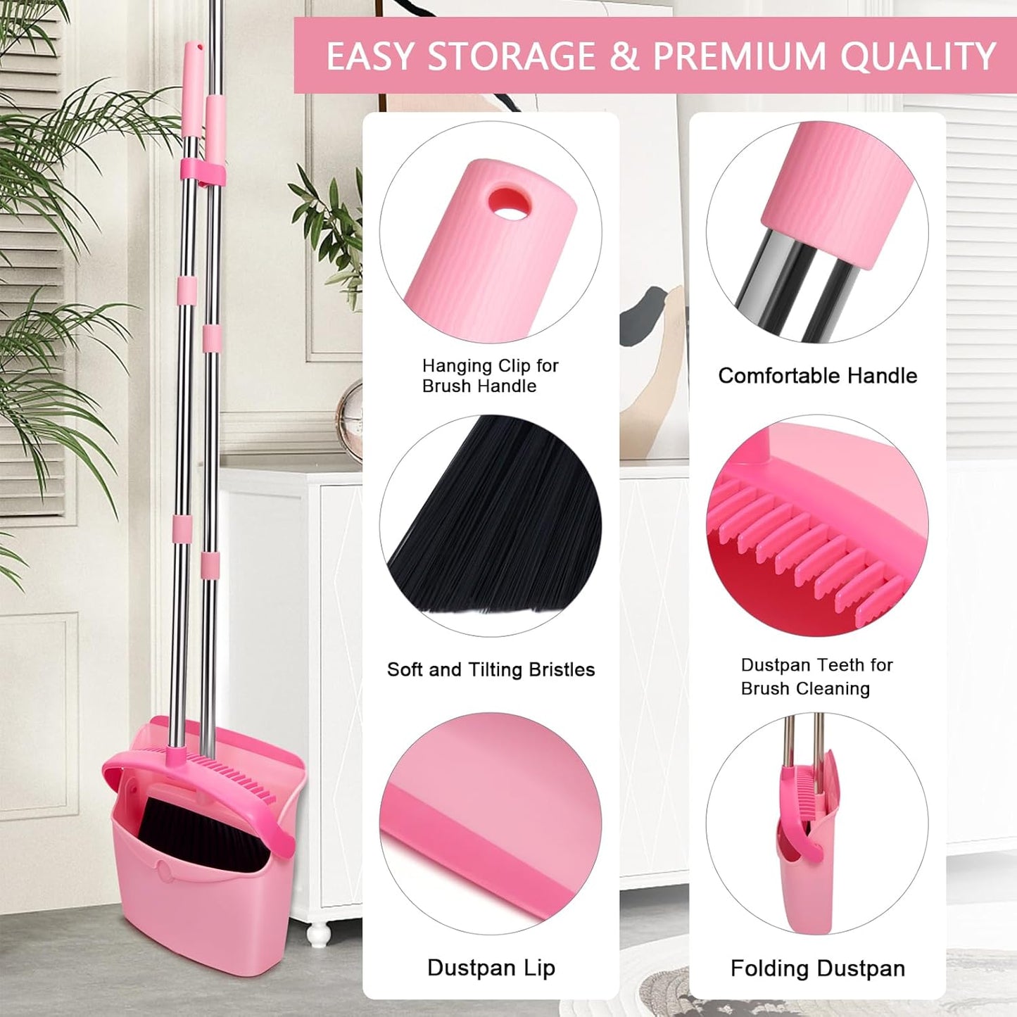 Broom and Dustpan Set, Dustpans with Broom Combo for Home, Heavy Dust Broom and Dustpan Combo, Long Handle Dust Pan and Broom Set for Kitchen, Office, Pet Hair,Pink, Pack of 1