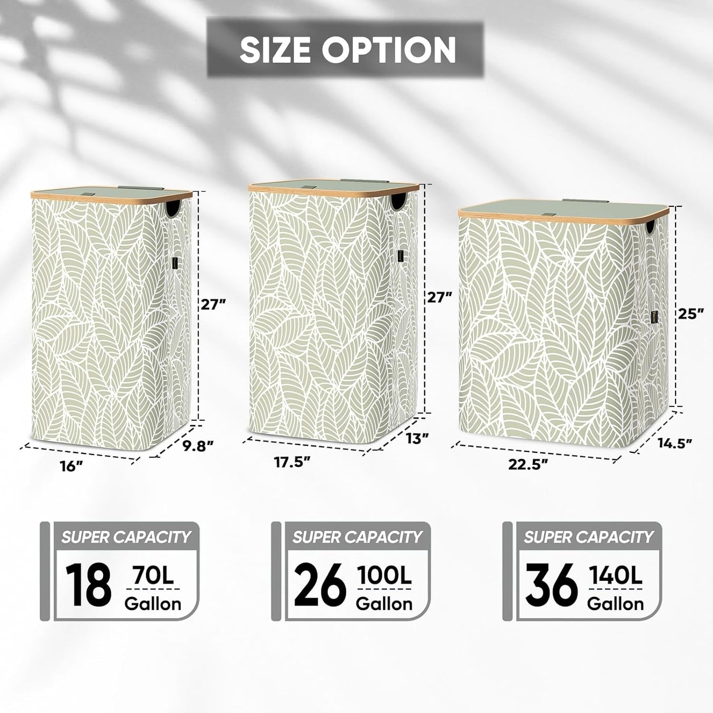 BALEINE Laundry Hamper with Lid, Tall Laundry Baskets with Bamboo Pull Handles, Large Laundry Bin with Internal Support (36 Gal/140L, Antique Foliage)