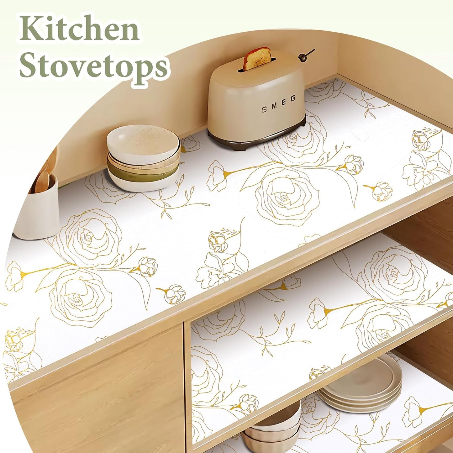 Shelf Liners for Kitchen Cabinets 17.5in x 30FT Non Adhesive Drawer Liner Gold Floral Thickened Shelf Liner Paper Strong Non-Slip Easy to Clean for Tool Box Refrigerator with Knife and Tape Measure