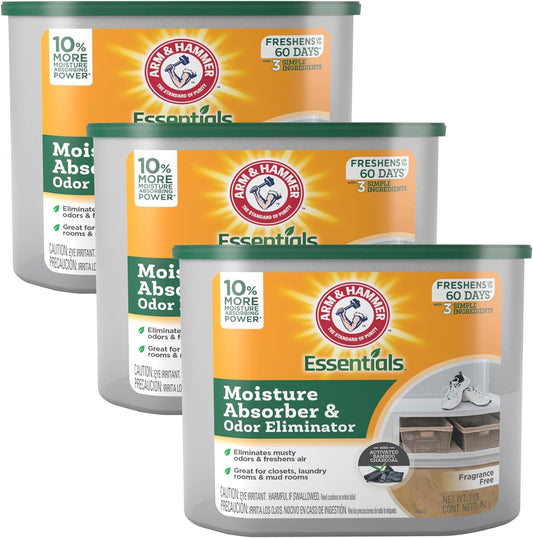 Arm & Hammer Essentials Disposable Moisture Absorber and Odor Eliminator Tub, Fragrance Free, 1 lb., Attracts and Traps Excess Moisture, Ideal Closet Dehumidifier (Pack of 3)