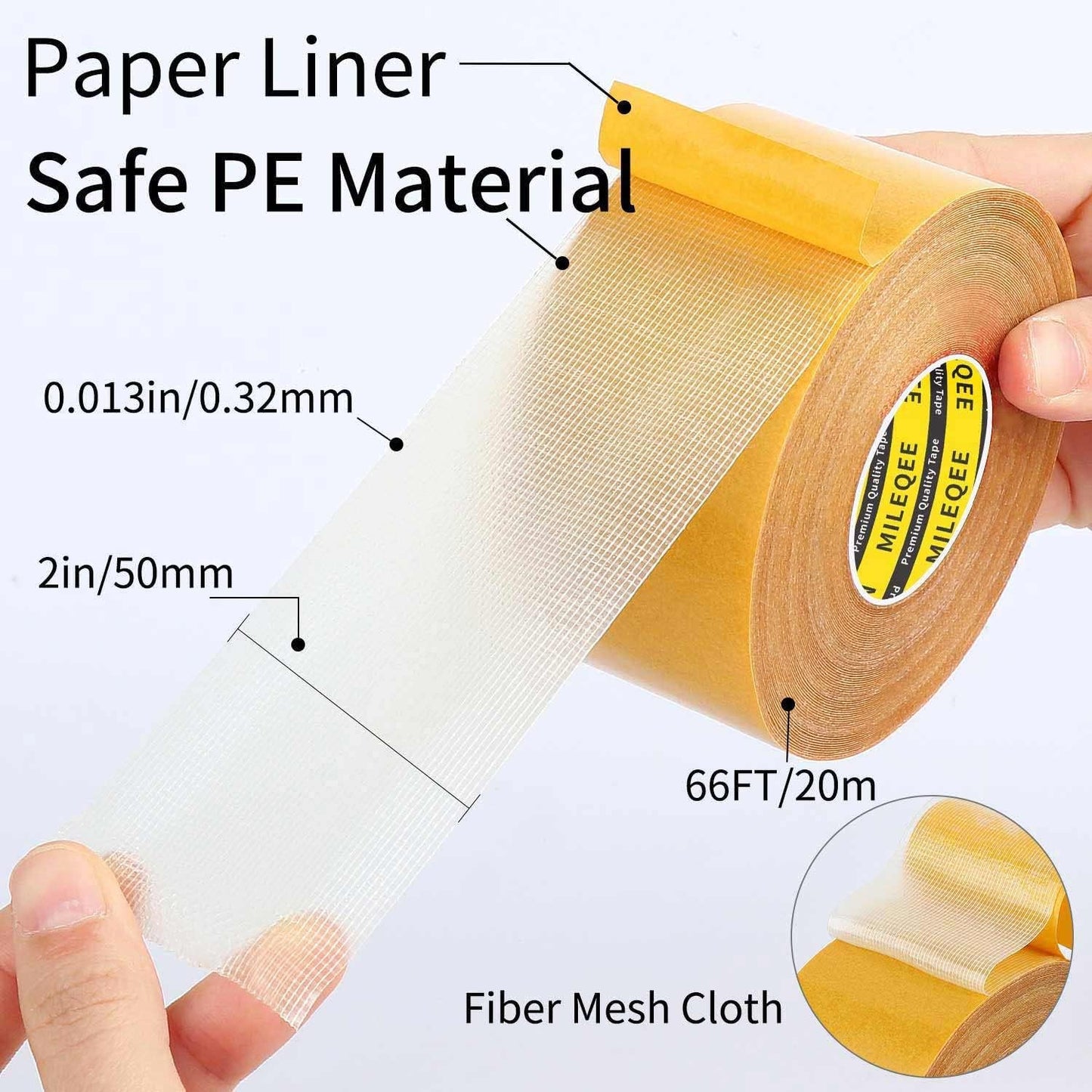 2Pack Double Sided Tape Heavy Duty, 2in x 66FT (132FT Total), Super Sticky Resistente Clear Tape, Universal High Tack Strong Wall Adhesive with Fiberglass Mesh,Easy Use Mounting Tape