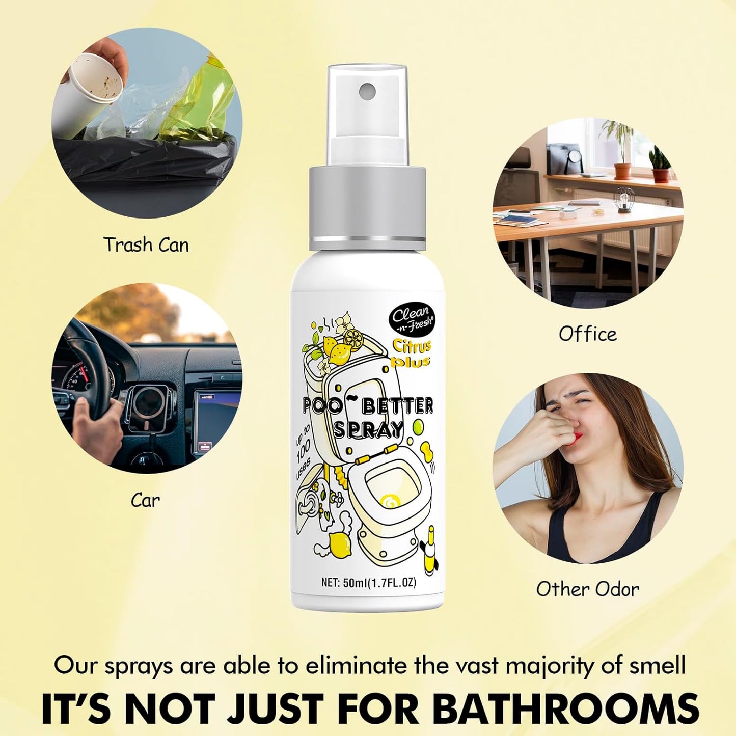 Clean-n-Fresh Toilet Spray, 8.5 Fl Oz Variety Pack of 5 - Citrus, Hibiscus, Lavender, Eucalyptus, Beach Coco, Travel Essentials Bathroom Odor Elimination, Air & Toilet Freshener, Each 1.7 Fl Oz