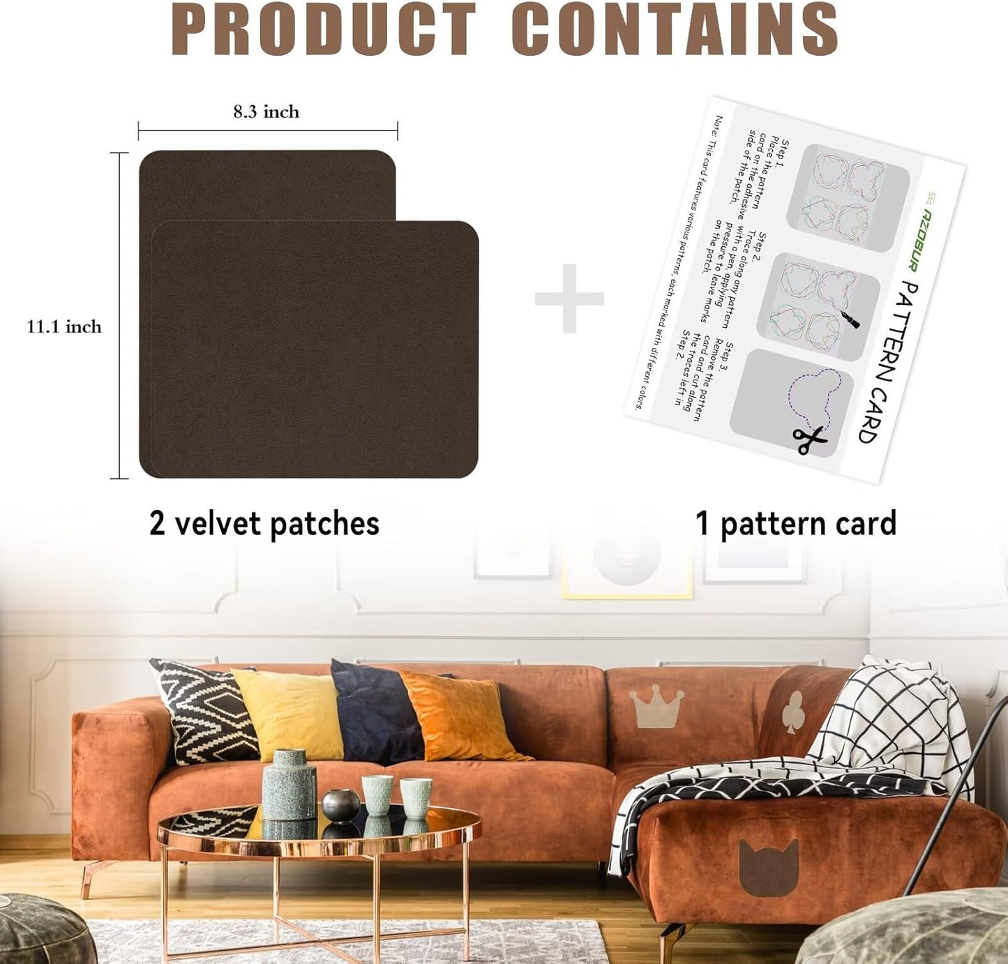 Azobur Fabric Couch Repair Patch 8.3 x 11 inches,Self-Adhesive Fabric Repair Patch for Furniture,Handbag,Sofa,Car Seats-(Brown)