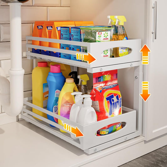 Under Sink Organizer, 2 Tier Under Sink Organizers and Storage, Adjustable Height, Slide Out Metal Cabinet Organizers, Pull Out Cabinet Storage Drawer Shelf for Kitchen Bathroom White, 1 Pack