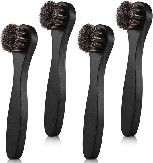 4 Pcs Horsehair Shine Shoes Brush Kit Polish Dauber Applicators Cleaning Leather Shoes Boots Care Brushes Suede Cleaner Brush with Microfiber Shoe Cloth(Black Handle A)
