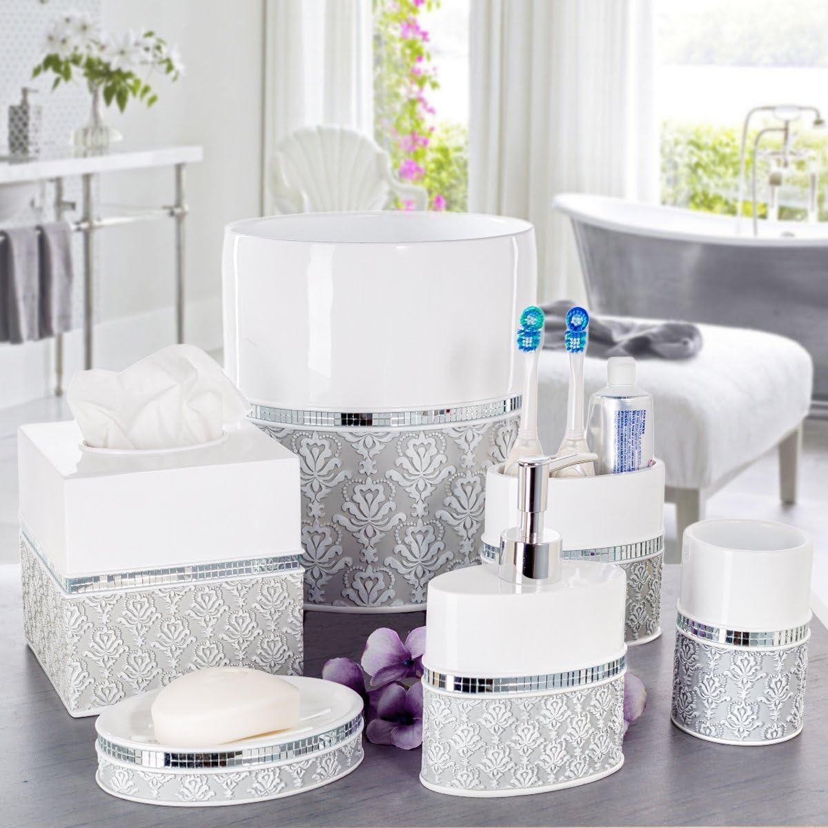 Creative Scents Mirror Damask Soap Dish for Bathroom, Decorative Dry Bar Holder, Best Dishes for Sink/Bath/Shower Decor (Gray & White)