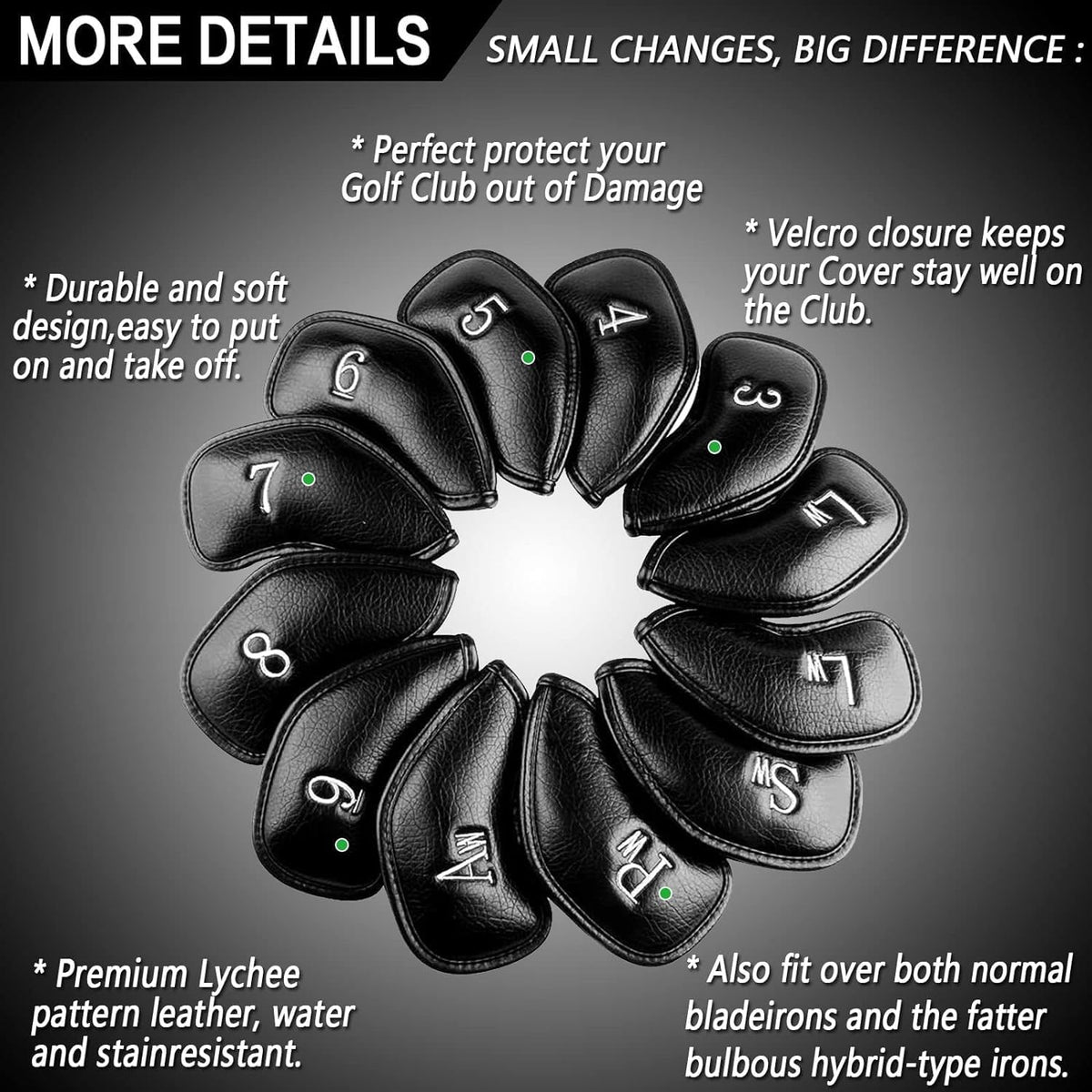 FINGER TEN Premium Synthetic Leather Stylish Iron & Wedge Golf Head Covers Value 12 Piece Set, Embroidered Labels & Fits Most Clubs Gift Set, Travel Protection Accessories