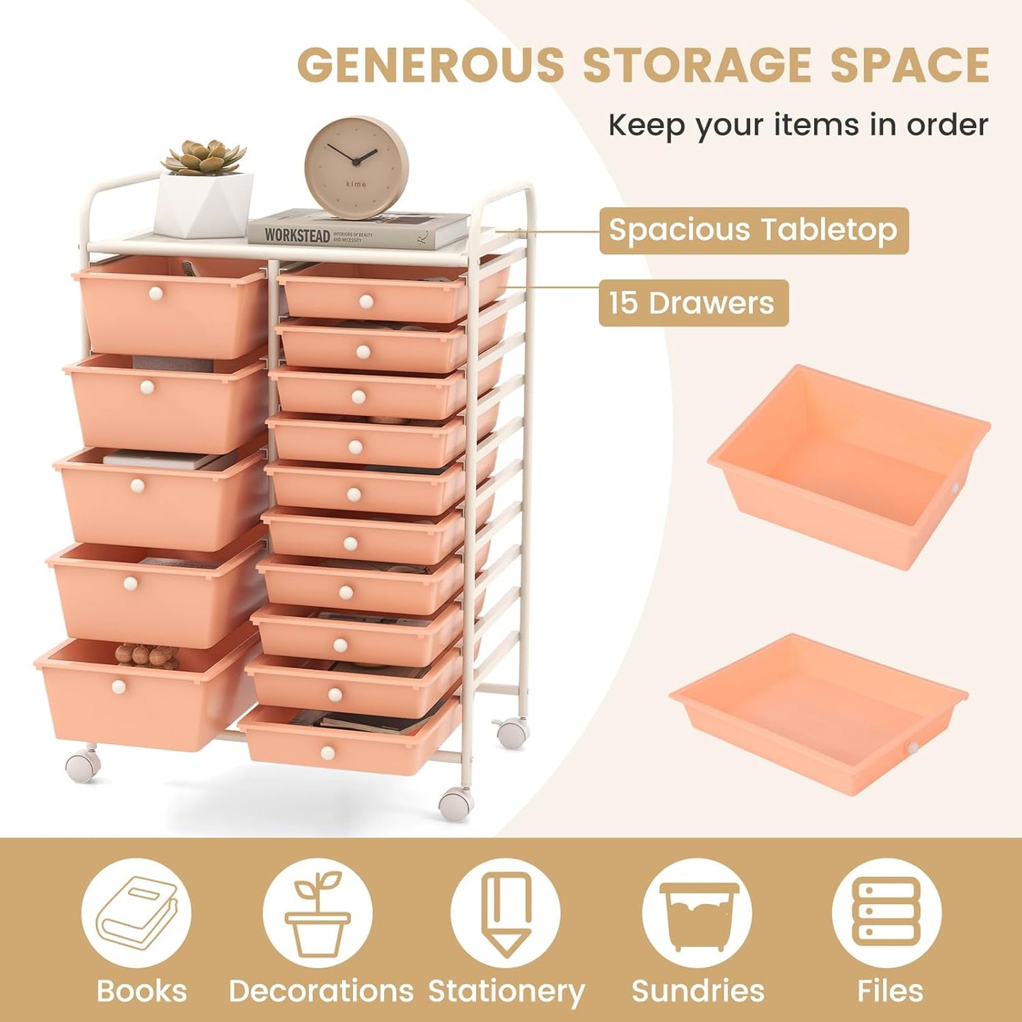 GOFLAME 15-Drawer Rolling Storage Cart, Multipurpose Movable Organizer Cart, Utility Cart for Home, Office, School, Peach Fuzz, 53825HW-GL