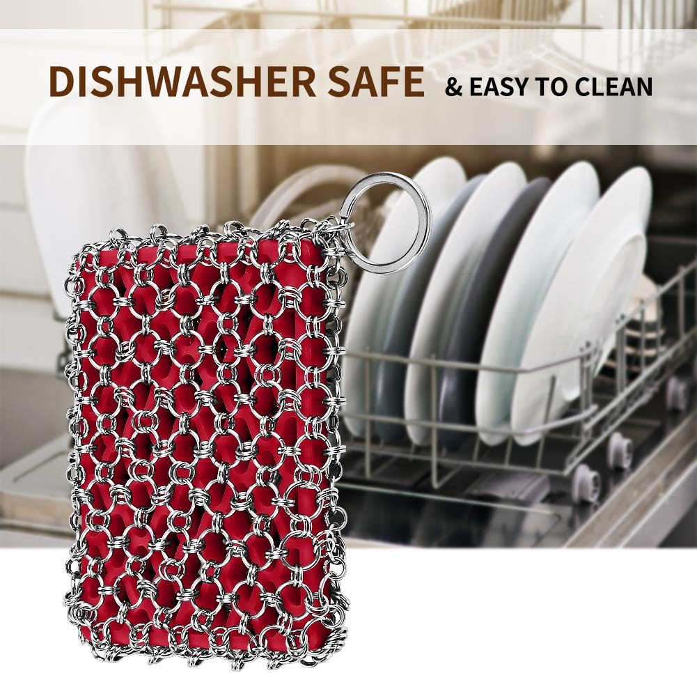 Herda 316L Cast Iron Scrubber Cleaner, Large Cast Iron Chain Mail Scrubber - Chainmail Scrubber Sponge - Metal Skillet Scrubbing, Wok, Dutch Oven Cleaning Kit