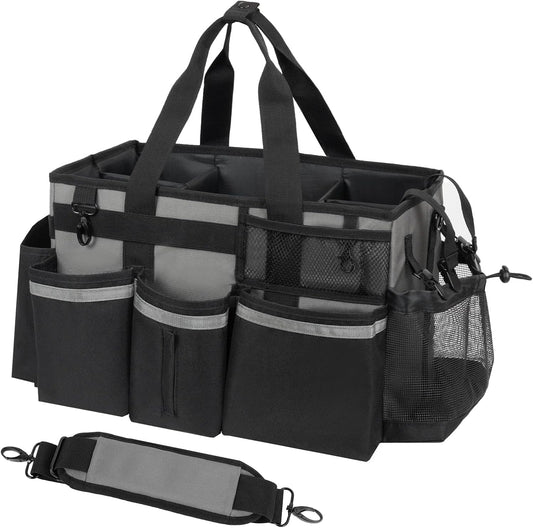 Wearable Cleaning Caddy, Cleaning Caddy Supplies Organizer with Handle & Shoulder Straps for Housekeepers, Under Sink & Car Cleaning Tool Organizers Bag with 4 Foldable Divider (MediumGrey)
