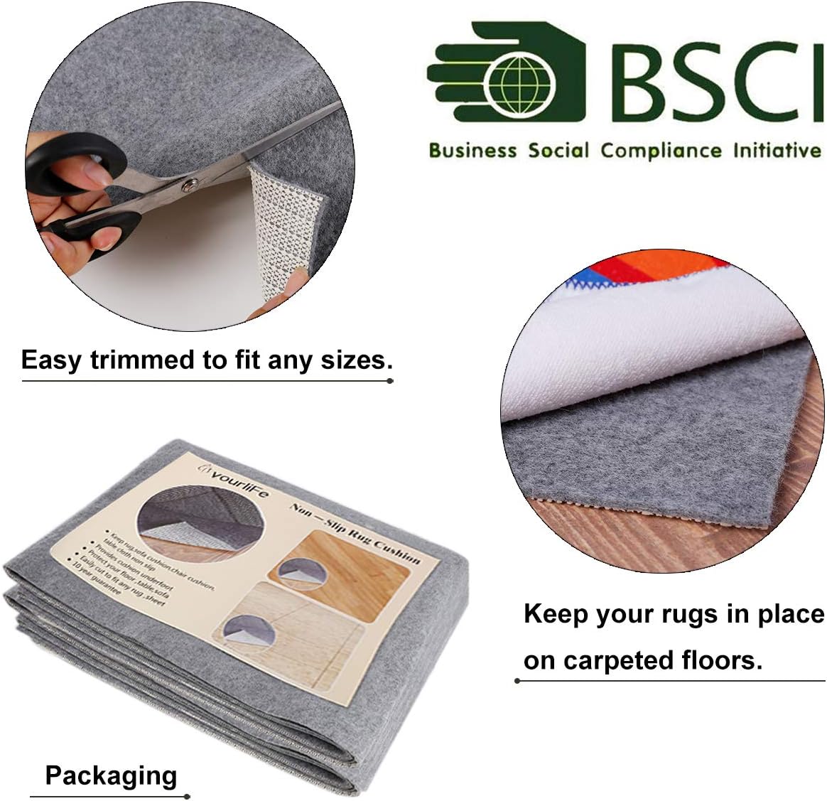 Non Slip Rug Pad Grippers - 5x8, 1/8" Thick, (Felt + Rubber) Double Layers Area Carpet Mat Tap, Provides Protection and Cushioning for Hardwood or Tile Floors