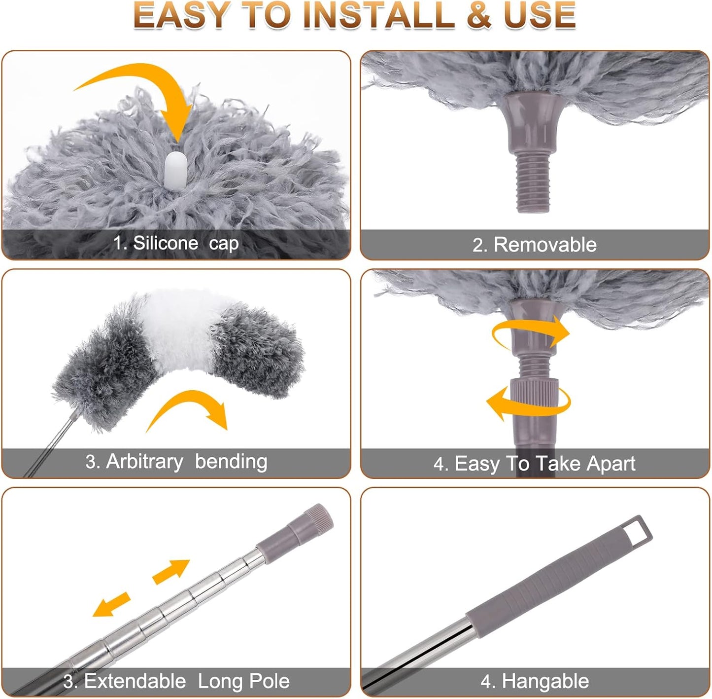 Microfiber Duster for Cleaning Fan, High Ceiling, Blinds, Furniture, Cars , 9PCS Extendable Feather Duster (Stainless Steel) 30 to 100 Inches, Reusable Bendable Washable