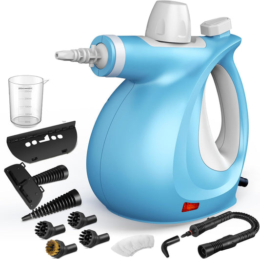 Pressurized Handheld Multi-Surface Natural Steam Cleaner with 12 pcs Accessories, Multi-Purpose Steamer for Home Use, Steamer for Cleaning Floor, Upholstery, Grout and Car (Blue)