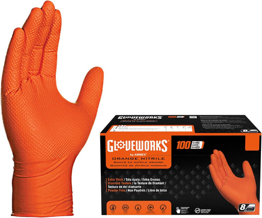 GLOVEWORKS Heavy-Duty Nitrile Gloves, Disposable, Latex Free, 8 Mil, Orange, Diamond Grip Glove