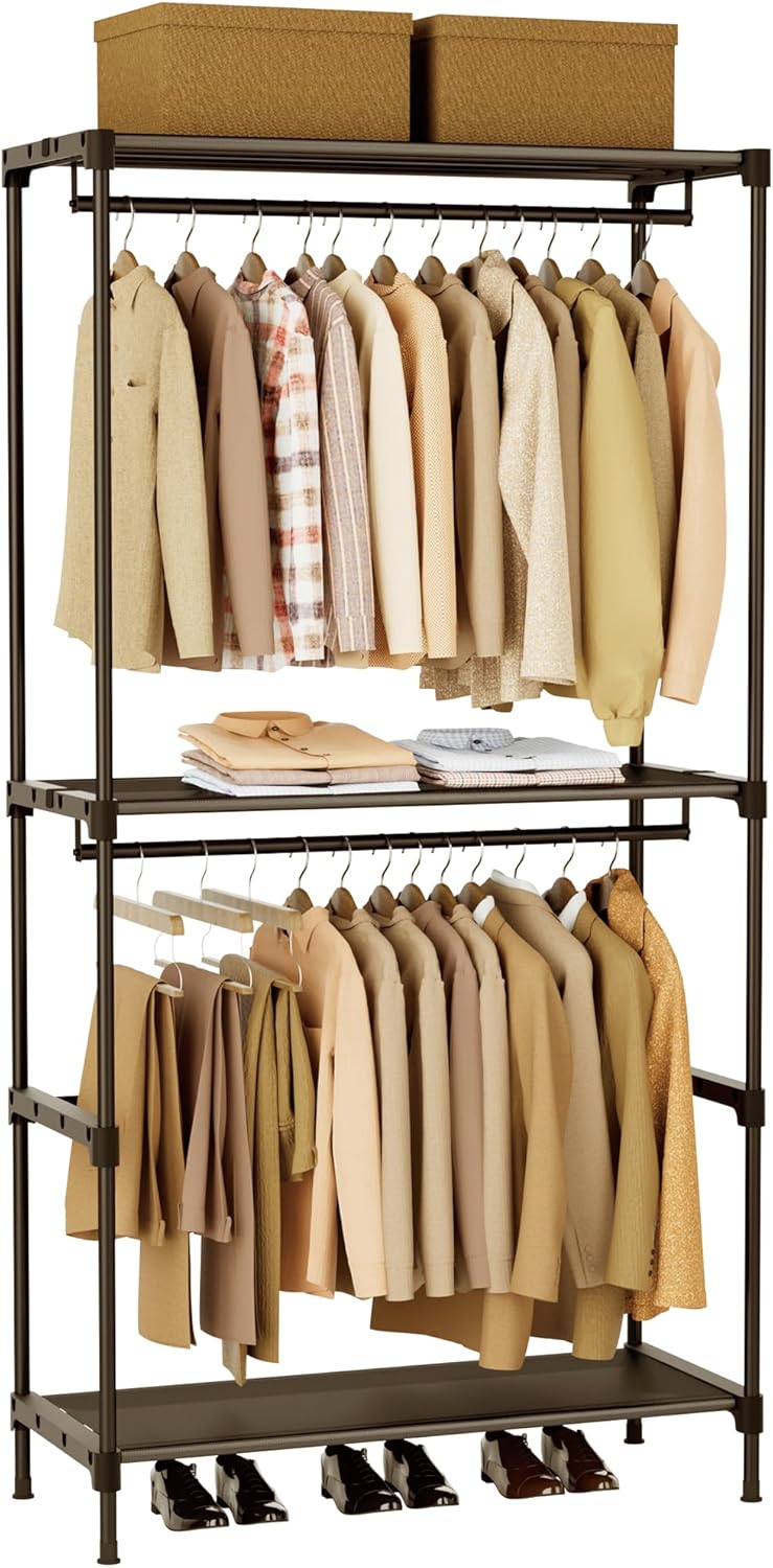Clothes Rack, Portable Closet, 27.6 Inch Wardrobe Closet, Clothes Storage Organizer with Shelves and 2 Hanging Rods, Easy to Assembly, Black PCT001B01