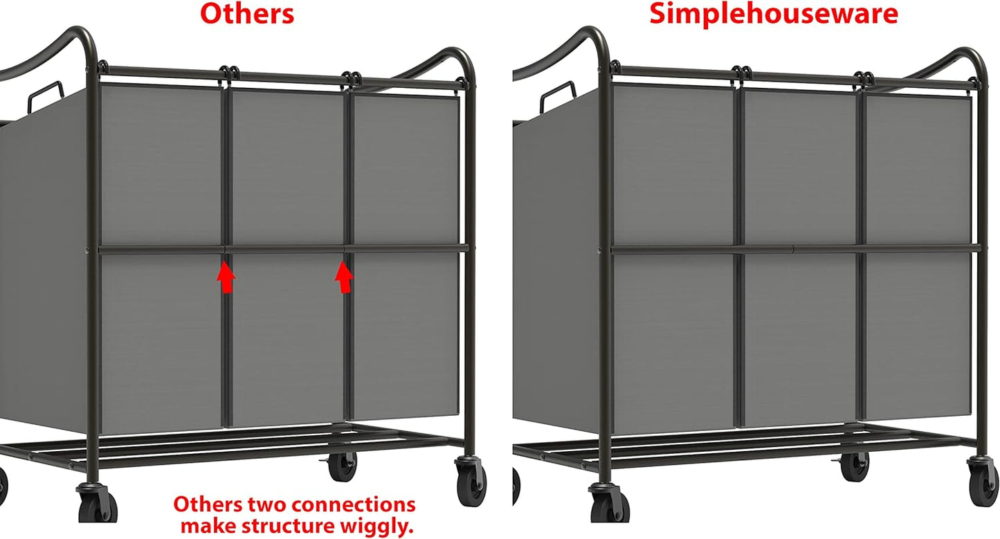 Simple Houseware Heavy Duty 3-Bag Laundry Sorter Rolling Cart, Dark Grey – Durable Triple Laundry Hamper with Removable Bags and Lockable Wheels for Efficient Laundry Organization