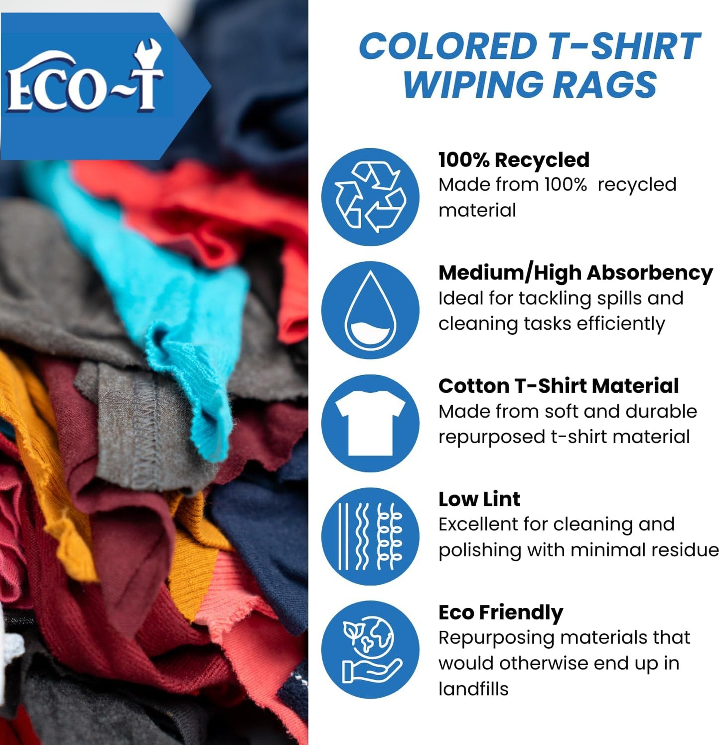 10 Lb Box Eco-T Mechanic Shop Rags - Colored T-Shirt Material, 100% Recycled, Eco-Friendly, High Absorbency, Low Lint, Low-Cost, Industrial Use Wiping Cloth