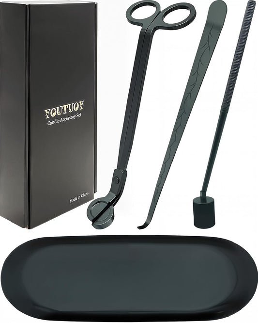 4 in1 Candle Accessory Set with Storage Tray Plate, Candle Wick Trimmer, Candle Wick Snuffer, Candle Wick Dipper, Great for Scented Candles Lovers (Matte Black)