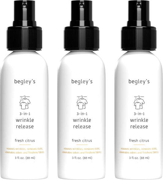 Begley's 3-in-1 Wrinkle Remover, Quick Fix Wrinkle Release, Static Cling Remover, Odor Eliminator and Fabric Refresher Spray - USDA Certified Biobased - Citrus, 3 oz Travel Size