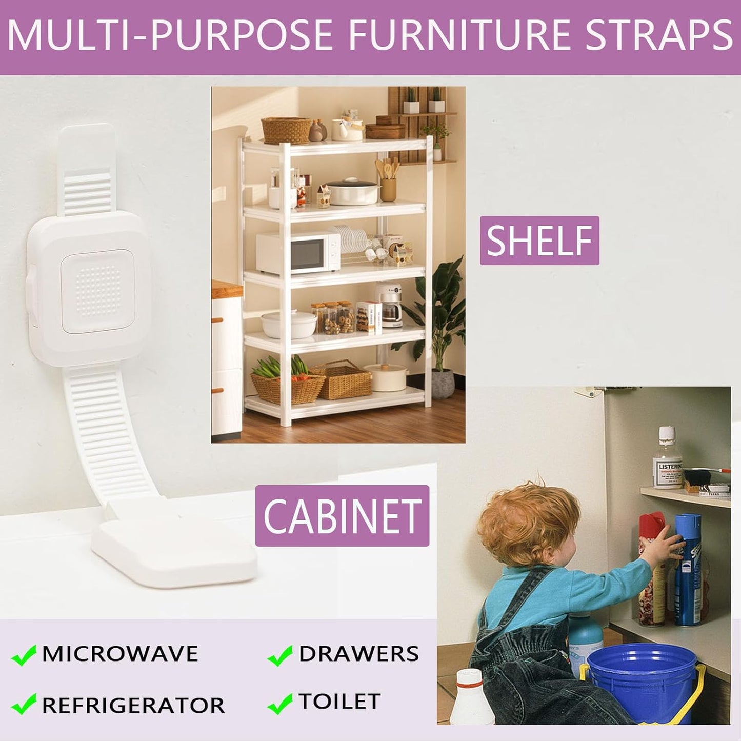 Upgraded No Drill Adhesive Furniture Anchor, Adjustable Anti Tip Furniture Wall Straps for Baby Proofing & Pets, Secure to Playroom, 4 Pack