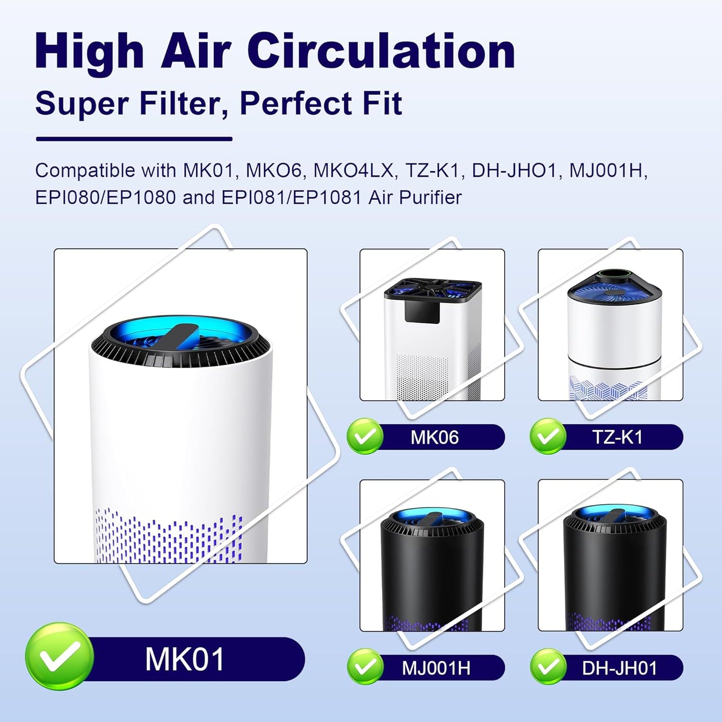 MK01 & MK06 True HEPA Filter Replacement Compatible with Aroeve MK01, MK06, ToLife TZ-K1 and Kloudi DH-JH01 Air Purifier, Pet Dander Version, Green, 3 Pack