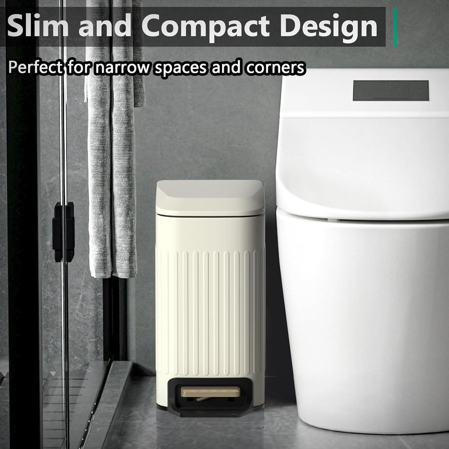 CEROELDA Small Bathroom Trash Can with Lid Soft Close-5L/1.3 Gal Slim Garbage Can-Metal Step Wastebasket-Rectangle Narrow Waste Bin for Office, Bedroom, Toilet, Live Room (Embossed-Beige)