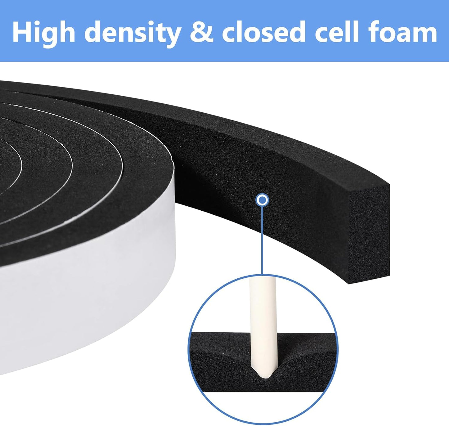 Weather Stripping Door Seal Strip (3/5 Inch X 1/2 Inch X 10Feet), Strong Adhesive, Lightproof, Soundproof, Weatherproof Foam Tape Insulation for Sliding Door, Front Door Frame, Windows- Black