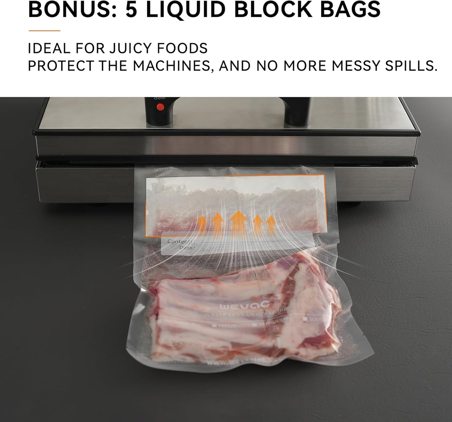 Wevac 11" x 16" Precut Vacuum Sealer Bags, 100 Count, Includes 5 Liquid Block Bags & 5 Bone Guard Pieces, Heavy Duty for Food Storage, Sous Vide & Meal Prep
