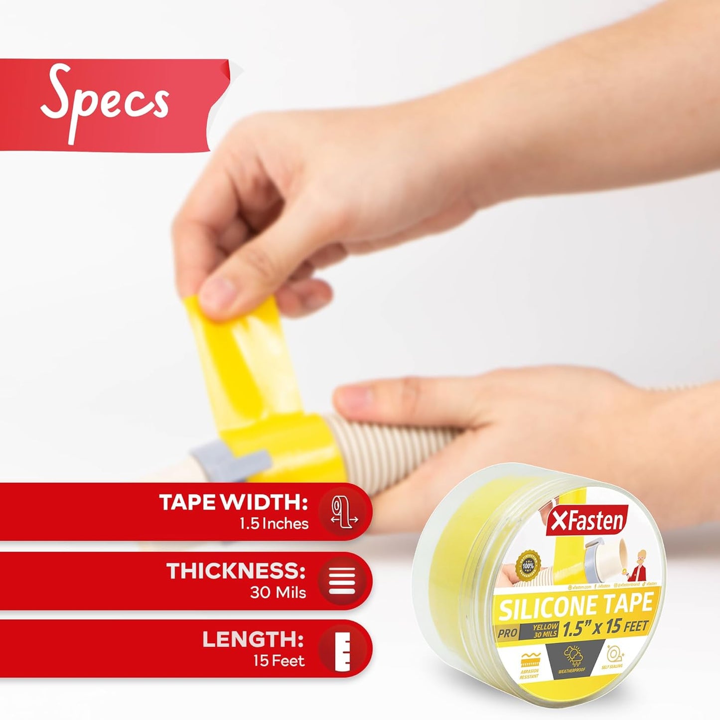 XFasten Self-fusing Silicone Tape Pro, Yellow, 1.5-Inch x 15-Feet, 30mils Non-Adhesive Thick Silicone Repair Tape for Leaky Pipe Drain, Tool Grip, Electrical Wires, PVC Pipe Leak, and Water Sealing