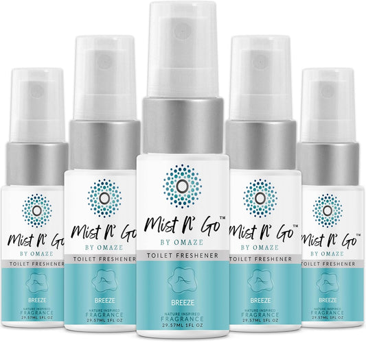Mist N’ Go by Omaze Travel Bathroom Spray for Toilet Spray Odor Eliminator - Travel Toilet Spray for Bathroom Air Freshener Spray for Bathroom Deodorizer - Breeze Travel Size (1oz x5)